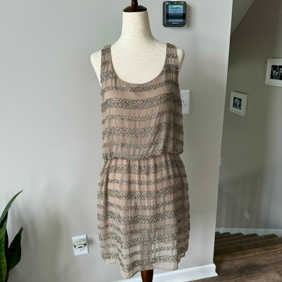 NWT! 5/48 Sequins Chiffon Scoop Neck Dress - Beige and Silver - Picture 1 of 11